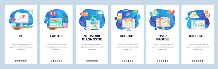 Mobile app onboarding screens. Online payment, computer network diagnostic, user profile, uprage. Menu vector banner template for website and mobile development. Web site design flat illustration