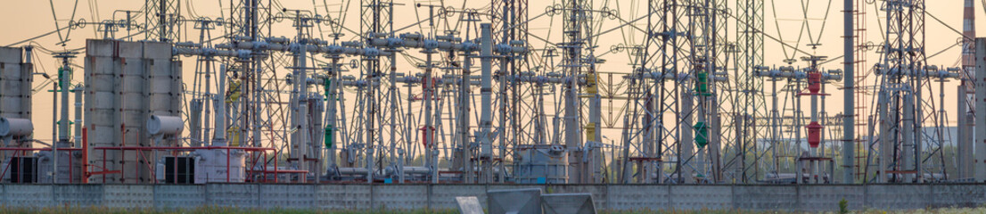 Nuclear power plant electrical sub station in extreme detail. Banner for electricity related publications.