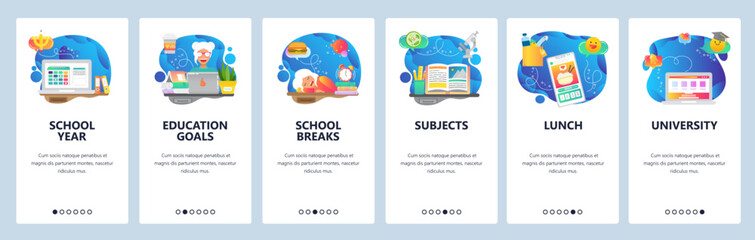 Fototapeta premium Mobile app onboarding screens. School education, time to sleep, class schedule, learning student, order food online. Vector banner template for website and mobile development. Web site illustration