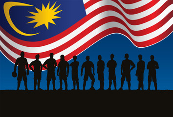 Silhouette of soccer team with flag of Malaysia as a background, Vector Illustration