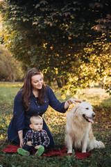 Mother,babyboy and a golden retriever in a beautiful autumn park