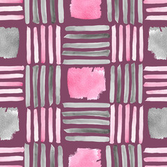 Pink and gray lines and brush strokes watercolor painting - seamless pattern on purple