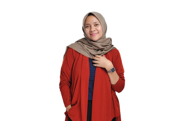 Happy of young beautiful Asian entrepreneur woman wearing hijab smiling