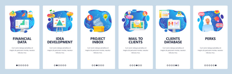 Mobile app onboarding screens. Customers database, project package, business idea development, financial data chart. Vector banner template for website and mobile development. Web site illustration
