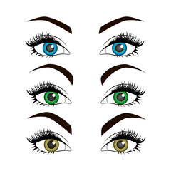 Beautiful and expressive female eyes with colorful pupils. Vector graphics