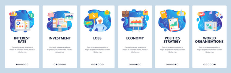 Mobile app onboarding screens. Money investment, financial chart, business presentation, world economy, money loss. Vector banner template for website and mobile development. Web site illustration