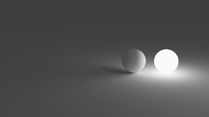 White light ball in the dark background and space for text. 3D illustration