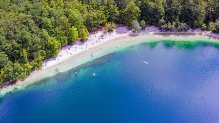 Aerial image of a Sandy Beach strip at Lake Bohinj, Slovenia.