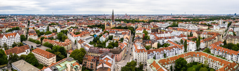 Naklejka na ściany i meble Munich Aerial Panorama. Residential area, church, streets