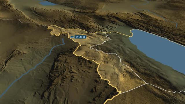 Chitipa - district of Malawi with its capital zoomed on the physical map of the globe. Animation 3D