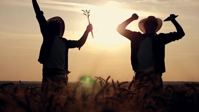 eam work. Two farmers stand at sunset in a wheat field, and discuss the new crop.. Farmers use new technologies in agriculture. Growing organic products.