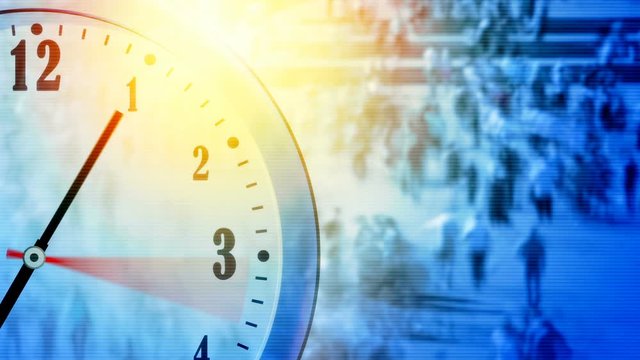Business  concept or time concept. Timelapse of people walking overlay with time clock.