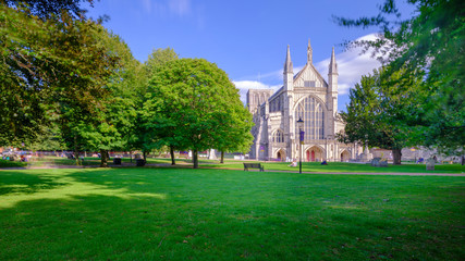 Fototapeta na wymiar Autumn afternoon light on the West Front of Winchester Cathedral, UK