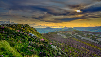 Heather and sunset over the Hope Valley from Win Hill in the Peak District National Park
