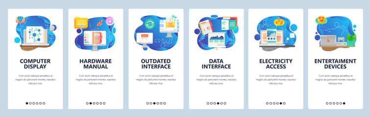 Mobile app onboarding screens. Computer technologies, hardware manual, data sync, electric plug. Menu vector banner template for website and mobile development. Web site design flat illustration