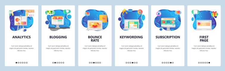 Mobile app onboarding screens. Business and financial analytics, charts, media content, landing page. Menu vector banner template for website and mobile development. Web site design flat illustration
