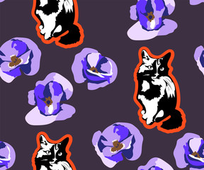 Obraz premium Cute Cats and flowers seamless pattern. Pet vector illustration. Cartoon cat images. Cute design for kids. Сhildren's pattern