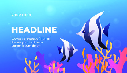 Underwater banner with clown fish and corals. Vector illustration in colorful style.