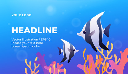 Underwater banner with fishes and corals. Cartoon illustration in colorful style.