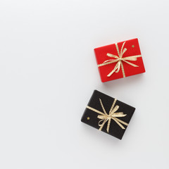 Christmas composition. Set of gift boxes with ribbon   top view background with copy space for your text. Flat lay.