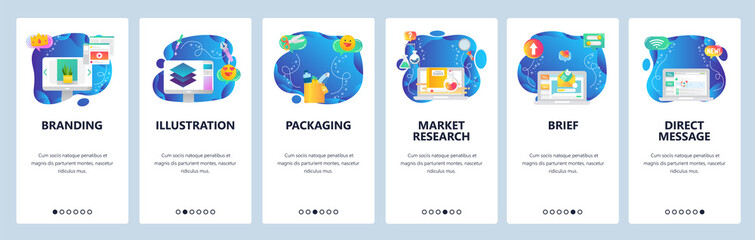 Mobile app onboarding screens. 3D modeling, package, chemistry science research, direct message. Vector banner template for website and mobile development. Web site design flat illustration