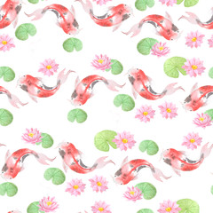 Watercolor Seamless pattern with red koi fish