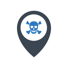 Dangerous place location icon concept. Danger zone icon concept. Skull & crossbones in location marker pin icon.