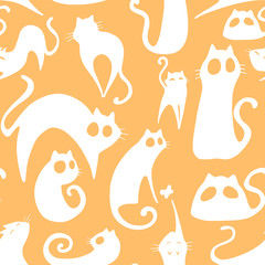 Cute seamless pattern with cartoon cats silhouettes on a neutral background. animal theme. vector. 