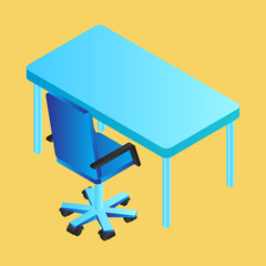 Isometric blue table and office chair on yellow background.