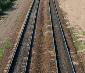 Fototapeta na wymiar long railroad tracks, close up. top view