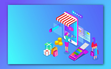 Fototapeta na wymiar Isometric illustration of women online shopping from smartphone with POS machine, coin stack and gift boxes on blue background.