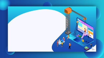 Isometric illustration of analysts or developers searching the problem with tower crane and different programming language sign for Teamwork or Web Development concept based isometric design.