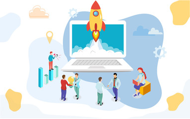 Business people working together company growth or successful rocket launch from laptop on abstract background for Startup or Teamwork concept based design.