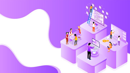 Business people working different platform in level position for Teamwork concept based isometric design. Can be used as banner or poster design.