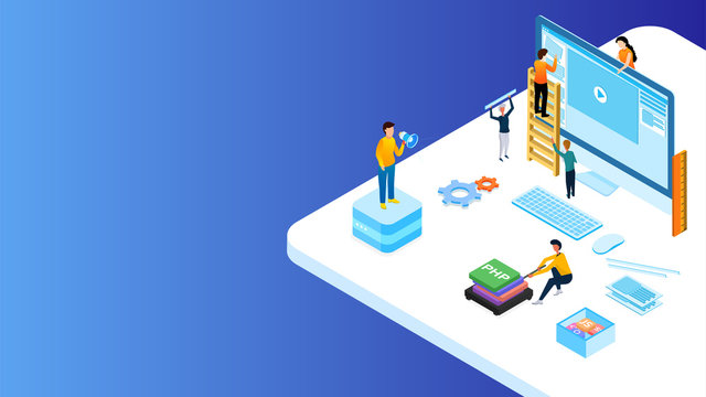 Miniature web developers maintain the website on computer with different programming language sign for Web Development or advertising concept based isometric design.