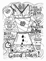 An alternative way to brew coffee through a paper filter, pouver, funnel, dripper. Vector illustration, freehand doodle drawing with the image of coffee accessories, for the design of a cafe,