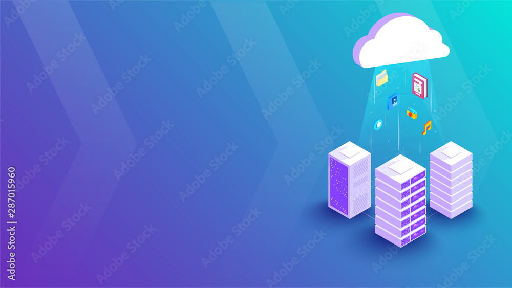 Wall mural 3d isometric illustration of three local server connected with cloud server between glowing rays, bu