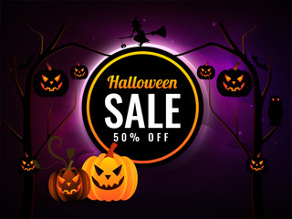 Halloween Sale banner or poster design with 50% discount offer and scary pumpkins illustration on purple background.
