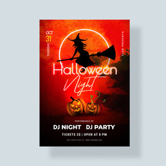 Halloween Night party template or flyer design with silhouette of flying witch and scary pumpkins on red abstract background with event details.