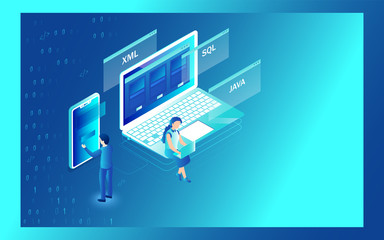 Isometric illustration of analyst or developer searching the problem in laptop and smartphone with different programming language sign for Web development concept.