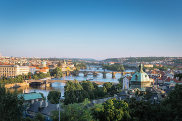 Fototapeta na wymiar Panoramic view of Charles Bridge in Prague in a beautiful summer day, travel concept, 2019. Czech Republic