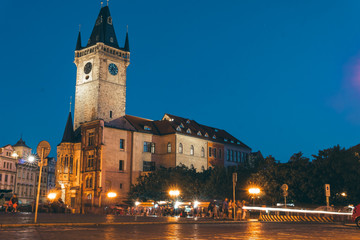 Fototapeta na wymiar the main square, on the street of the old city of Prague, night time. historical center. travel and tour in Europe, tourism. Praha, vertical photo, copy space