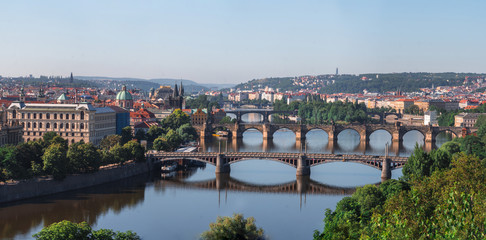 Fototapeta na wymiar Panoramic view of Charles Bridge in Prague in a beautiful summer day, travel concept, 2019. large panorama, large size Czech Republic