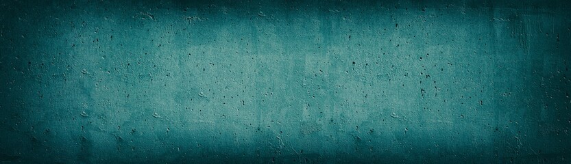 Teal old concrete wall wide texture. Rough cement surface panoramic retro background. Long dark...