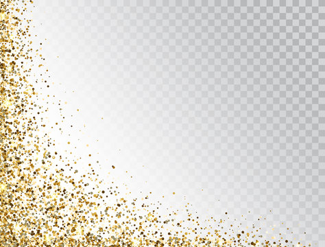 Glitter gold border with space for text. Golden sparkles and dust on transparent background. Luxury glitter decoration. Bright design for Christmas, Birthday, Wedding. Vector illustration
