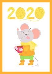 New Year 2020 flat vector autumn poster with mouse template. Little rat in warm clothes drinking tea character. Knitted numbers cartoon illustration. Fall season greeting card, postcard design