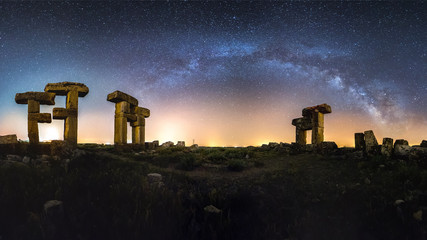 The milky way arc over the ancient city of Blaundus from the time of Alexander the Great. Excavation site in Uşak, modern Turkey. 