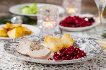 Christmas dinner with turkey and cranberry sauce