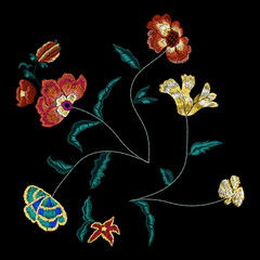 Embroidery folk pattern with wild flowers. Vector embroidered floral patch