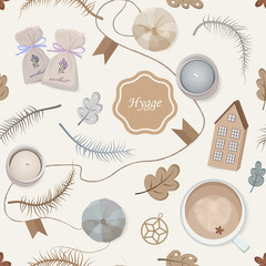 Seamless pattern with items for a cozy evening with fragrant sachets, candles, a cup of coffee with a heart made of coffee foam